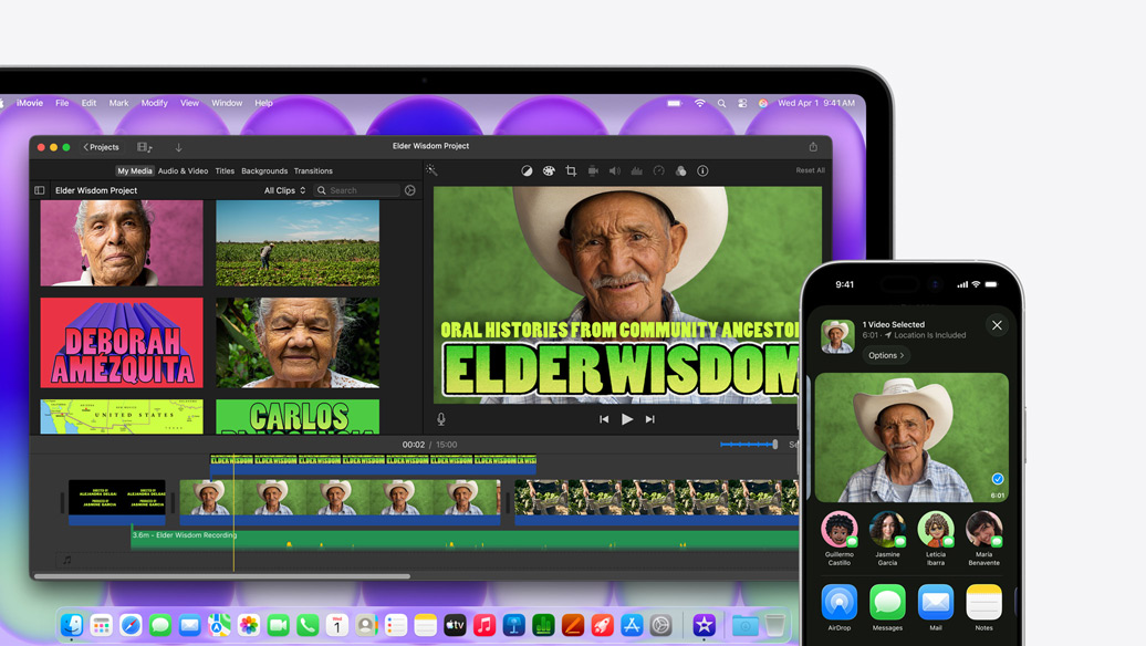 MacBook Neo i färgen silver, på skärmen visas ett iMovie-fönster med titeln Elder Wisdom Project, intill finns en iPhone som visar en video av en av personerna i iMovie-fönstret, under videon finns en lista med delningsalternativ, bland annat AirDrop