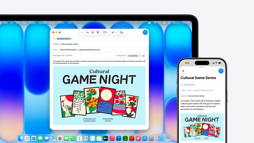 MacBook Neo i färgen indigo, intill iPhone, båda skärmarna visar samma mejl om ett evenemang på ett kulturcentrum