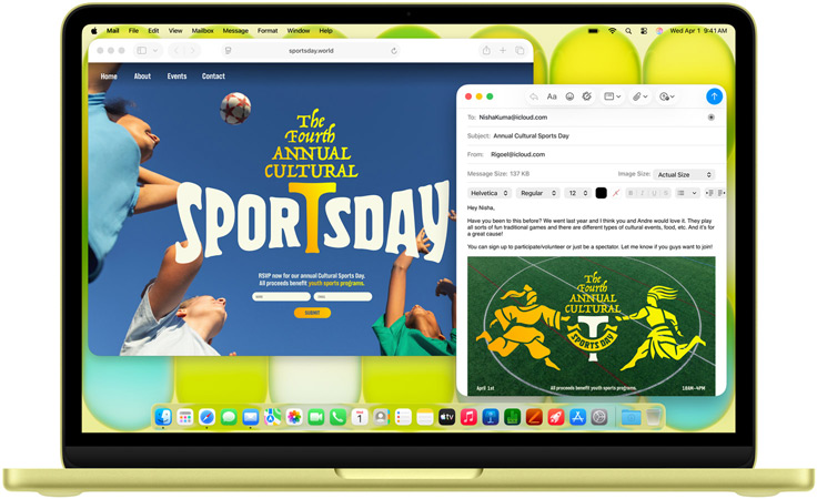 MacBook Neo i färgen citrus, händer på tangentbordet, användaren skriver ett mejl med en inbjudan till ett sportevent, sajten för eventet är öppen intill