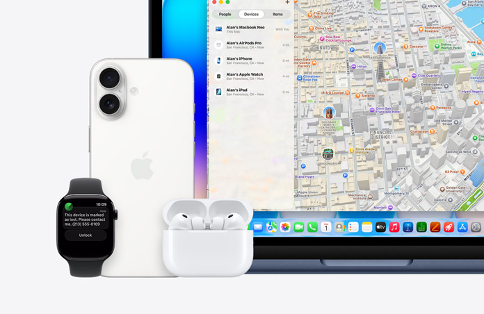 Apple Watch, på skärmen visas meddelandet ”Den här enheten har markerats som förlorad. Kontakta mig.” med ett telefonnummer, intill en iPhone, AirPods Pro och en MacBook Neo i färgen indigo, skärmen visar appen Hitta med en karta och en lista över enheter och var de befinner sig