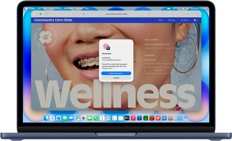 MacBook Neo i färgen indigo, Safari uppmanar användaren att logga in med Touch ID eller lösenord på en sajt som heter Community Care Clinic
