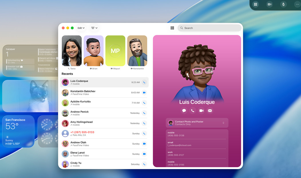 MacBook Pro com a app Telefone aberta, a apresentar um contacto de uma chamada recente