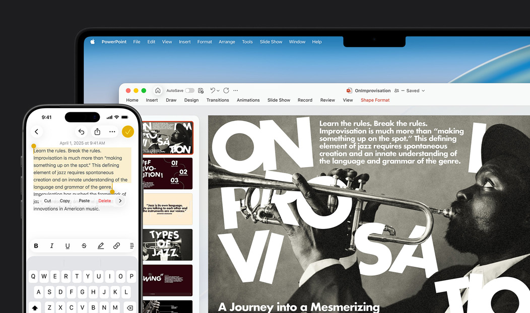 iPhone 16 Plus com texto destacado na app Notas, MacBook Pro com uma apresentação do Keynote aberta, com texto da app Notas visível no diapositivo