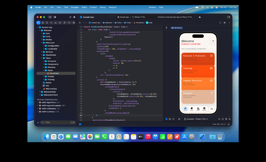 Ecrã do MacBook Pro com uma pessoa a programar uma app no Xcode para um hackathon multilingue