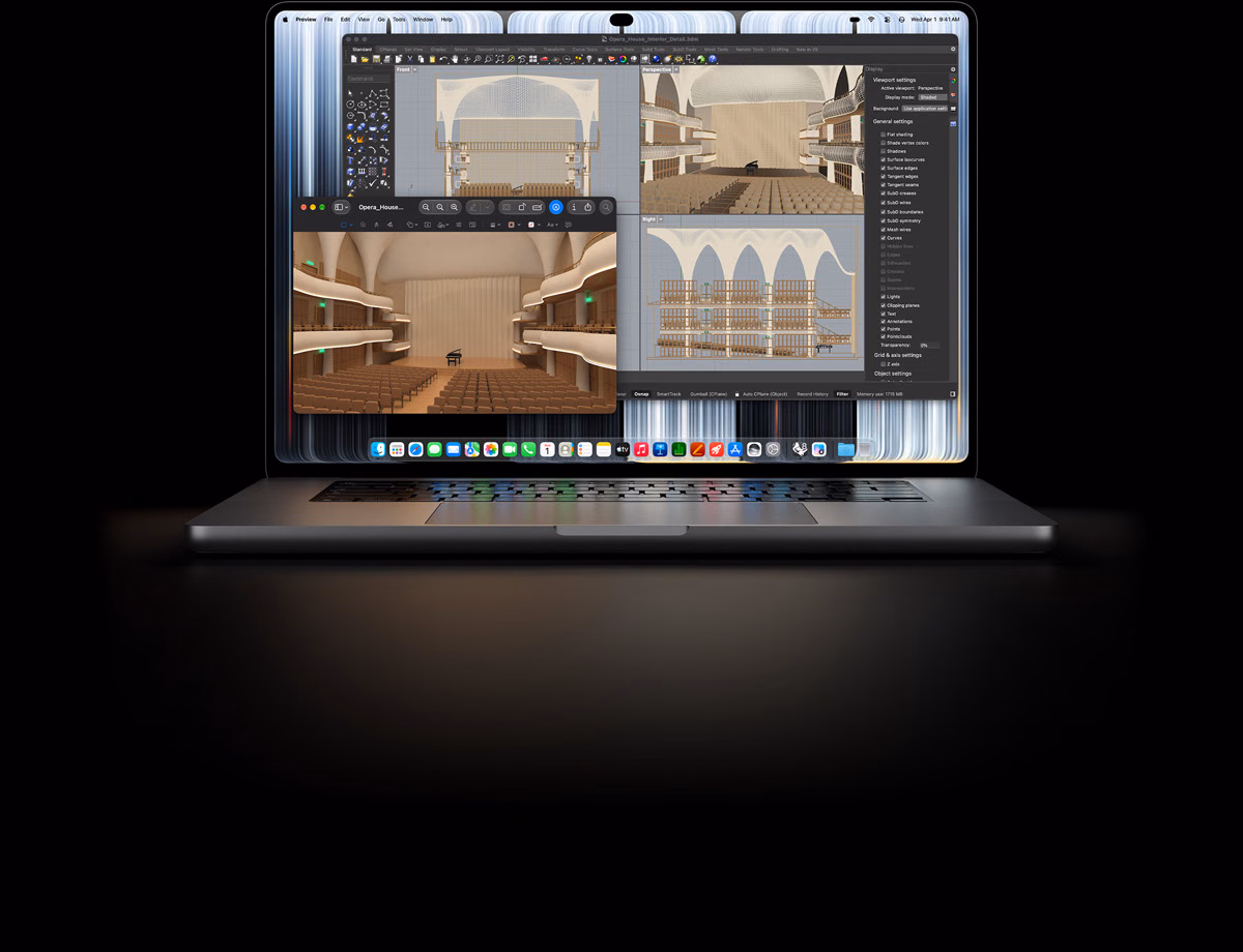16-inch MacBook Pro with PROLED XDR Display, silver colour, screen shows an object being modelled in Rhino