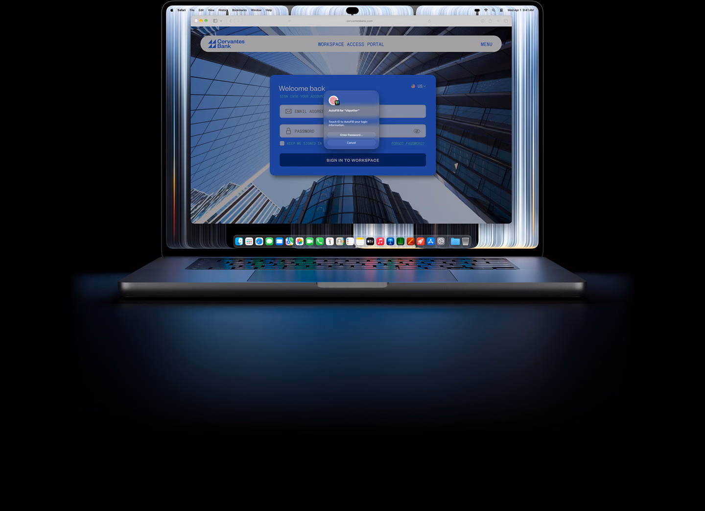 MacBook Pro con display PROLED XDR, lo schermo mostra una piccola finestra di Safari che invita l’utente a usare il Touch ID o a inserire le credenziali per accedere a un sito web