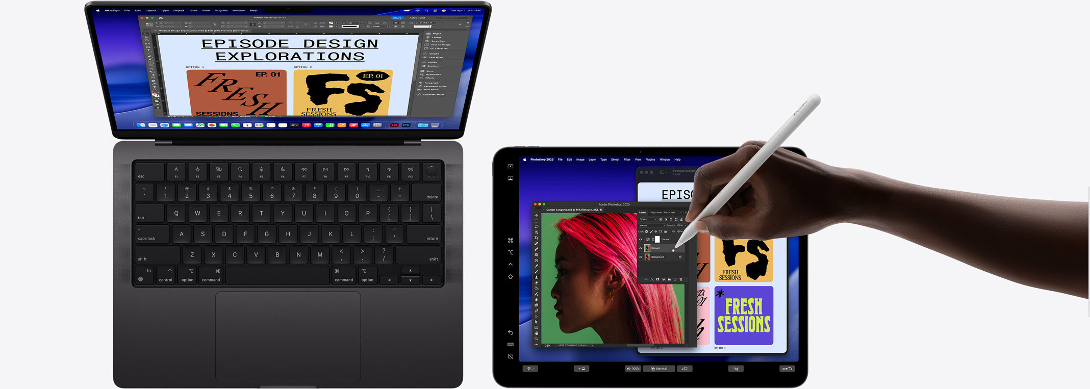 14" MacBook Pro, 13" iPad Pro, das verwendet wird, um das Display des MacBook zu erweitern, eine Hand nutzt einen Apple Pencil Pro, um das Bild auf dem iPad zu bearbeiten