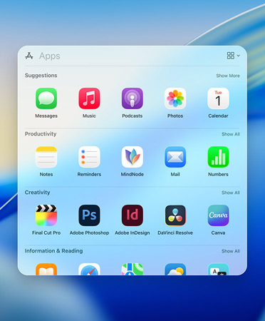 Spotlight-selausvalikko, jossa näkyvissä apeissa seuraavat kategoriasuotimet: Julkiset palvelut, Tuottavuus ja Talous, Viihde sekä Tiedot ja Lukeminen