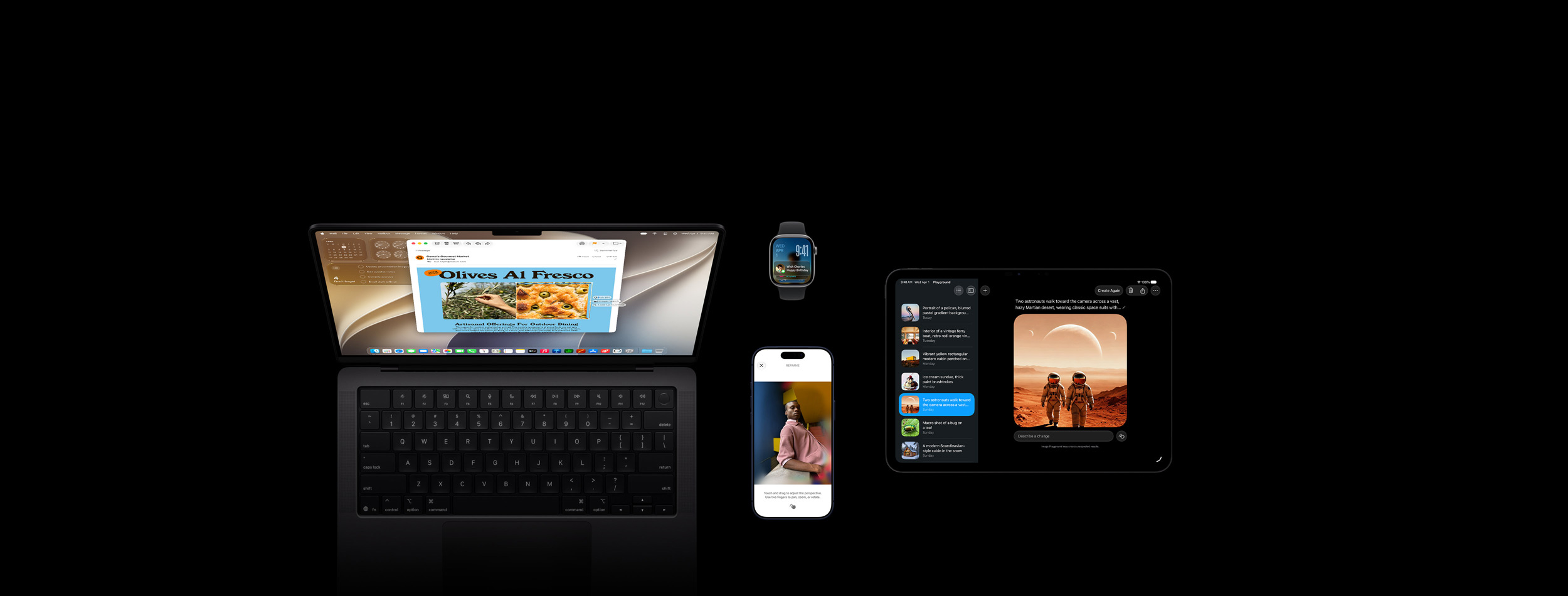 Vier producten, waaronder iPhone 17 Pro, Diepblauw, met een demo van de fotobewerkingsfeature Herkader met een afbeelding van iemand die tegen een balie leunt, Apple Watch Series 11, 46 mm Spacegrijs, met de datum en schermvergrendeling en in Slimme Stapel een herinnering om iemand een gelukkige verjaardag te wensen, 14-inch MacBook Pro, Spacezwart, met een demo van Visuele Intelligentie met een screenshot van een focaccia met olijven  uit een e-mail en meerdere prompts over de afbeelding, en iPad Pro 11, Spacezwart, met in Image Playground een afbeelding van twee astronauten die is geselecteerd uit een lijst in de navigatiekolom