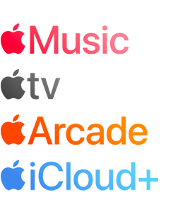 En lista med Apple-tjänster: Apple Music, Apple Fitness Plus, Apple TV, Apple Arcade och Apple iCloud Plus