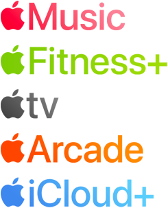 Une liste de services Apple : Apple Music, Apple Fitness Plus, Apple TV, Apple Arcade et Apple iCloud Plus