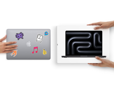 En hand skjuter över en MacBook med klistermärken på locket mot två händer som håller en ny MacBook i sin förpackning