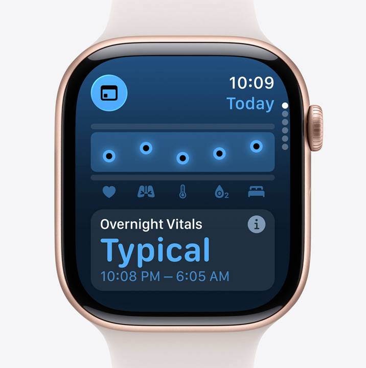 Apple Watch Series 11, Aluminiumgehäuse, Farbe Roségold, Vitalzeichen App, Diagramm mit Gesundheitsindex, Mitteilung über im Schlaf erfasste Vitalzeichen