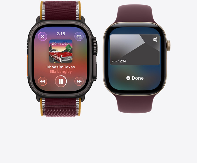 Apple Watch Ultra 4, boîtier en titane, noir, app Apple Music, écran à l’écoute, bracelet Boucle Trail, bordeaux; Apple Watch Series 12, boîtier en aluminium, finition or clair, écran Apple Pay, Apple Card, bracelet Boucle Sport, bordeaux