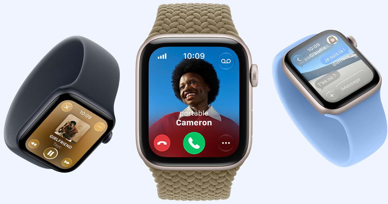Apple Watch SE 3 devices, screens show Apple Music, incoming call, Messages, aluminum cases, starlight and midnight colors, bands: Solo Loop, navy blue, wildflower blue colors, Braided Solo Loop, olive color (earthy green)