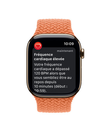 Apple Watch Series 11, boîtier en titane or, notification de fréquence cardiaque élevée, Boucle unique tressée, curcuma