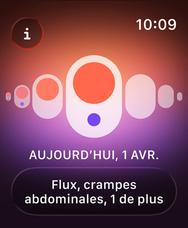 Suivi de cycle dans l’app Santé, des points orange et violet mettent en valeur différents symptômes menstruels