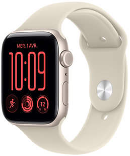 Apple Watch SE 3, boîtier en aluminium, lumière stellaire, cadran Modulaire, complications : jour et date, Exercices, anneaux Activité, température, côté droit, Digital Crown, bouton latéral, Bracelet Sport, sable