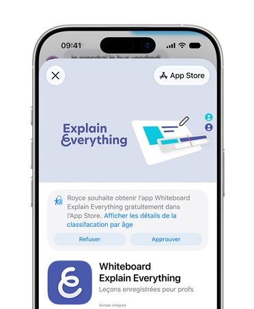 iPhone affichant la page produit Explain Everything Whiteboard dans l’App Store, avec une invitation à refuser ou à approuver l’accès pour un compte Enfant
