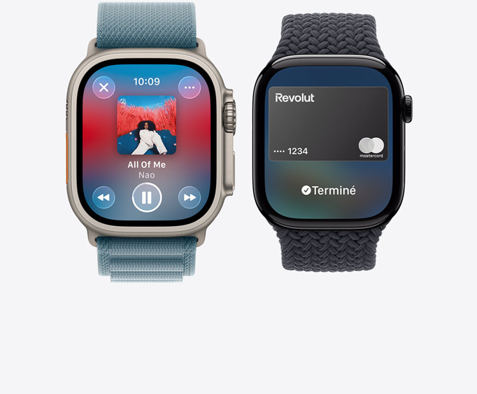 Apple Watch Ultra 3, titanium case, natural color, Apple Music app, now playing screen, Apple Watch Series 11,  aluminum case, polished jet black color, Apple Pay screen, Apple Card