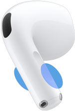 Εξωτερική όψη ακουστικού AirPods 5, μπλε κύκλοι που δείχνουν το σημείο όπου πρέπει να αγγιχτεί το στέλεχος για τον έλεγχο της έντασης ήχου