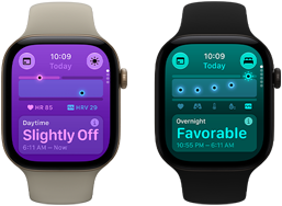 Δύο συσκευές Apple Watch Series 12: κάσα από αλουμίνιο, ανοιχτό χρυσαφί χρώμα, Ημερήσιες Ζωτικές Ενδείξεις ελαφρώς εκτός τυπικού εύρους, Digital Crown, λουράκι Sport Band σε χρώμα άμμος, κάσα από αλουμίνιο, μαύρο χρώμα, Νυχτερινές Ζωτικές Ενδείξεις θετικές, Digital Crown, λουράκι Sport Band σε μαύρο χρώμα