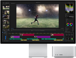 Studio&nbsp;Display&nbsp;XDR με ενσωματωμένη βάση, το Mac&nbsp;Studio χωράει κάτω από την οθόνη, η ροή εργασιών των εργαλείων επεξεργασίας βίντεο και διαβάθμισης χρωμάτων εμφανίζεται στην οθόνη
