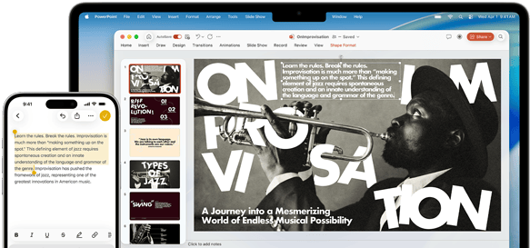 iPhone 16 Plus με κείμενο επισημασμένο στο app Σημειώσεις, MacBook Air με ανοιχτή διαφάνεια Keynote, κείμενο από το app Σημειώσεις ορατό στη διαφάνεια