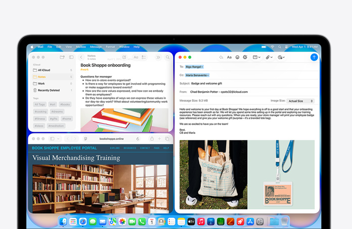 MacBook Neo, σε χρώμα μπλε indigo, η οθόνη δείχνει ένα email καλωσορίσματος νέου υπαλλήλου βιβλιοπωλείου, ένα έγγραφο ένταξης στις Σημειώσεις και την ιστοσελίδα του portal των εργαζομένων στο βιβλιοπωλείο, στο Safari