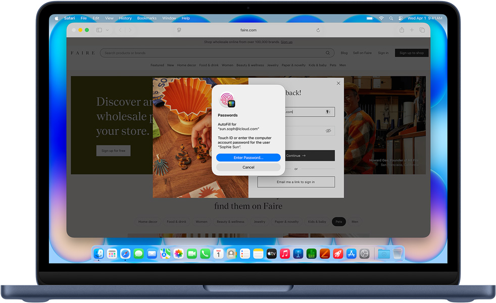 MacBook Neo, σε χρώμα μπλε indigo, το Safari ζητά από τον χρήστη να συνδεθεί χρησιμοποιώντας Touch ID ή κωδικό πρόσβασης στον ιστότοπο με τίτλο Community Care Clinic