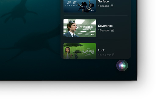 平面電視螢幕顯示 Apple TV+ 電影及節目列表