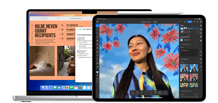 A MacBook and an iPad display apps with AI integrations