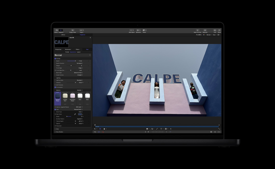 MacBook Pro 16, three people look down from an upper level through decorative wall cutouts, demonstration of 3D titles