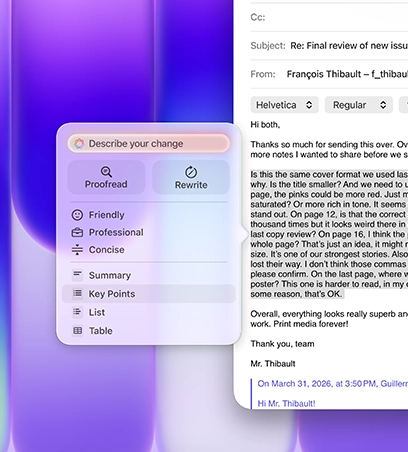 Writing Tools in use, highlighting large paragraph of text in an email, Writing Tools menu shows Key Points option selected, with icon of bulleted list