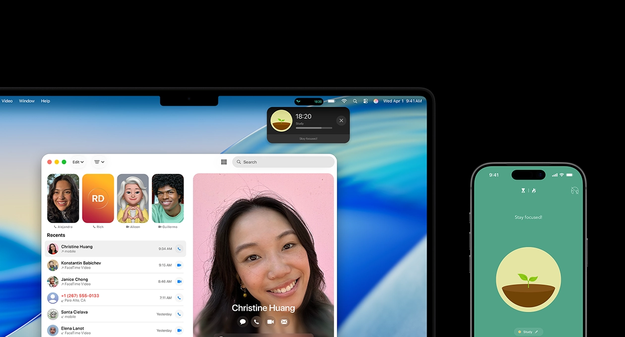 A MacBook Pro and iPhone side by side, MacBook Pro screen displays the Phone app and Live Activities from the Uber app, iPhone shows the Uber app