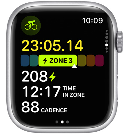Apple watchface displaying a power meter, part of the power zone workout view