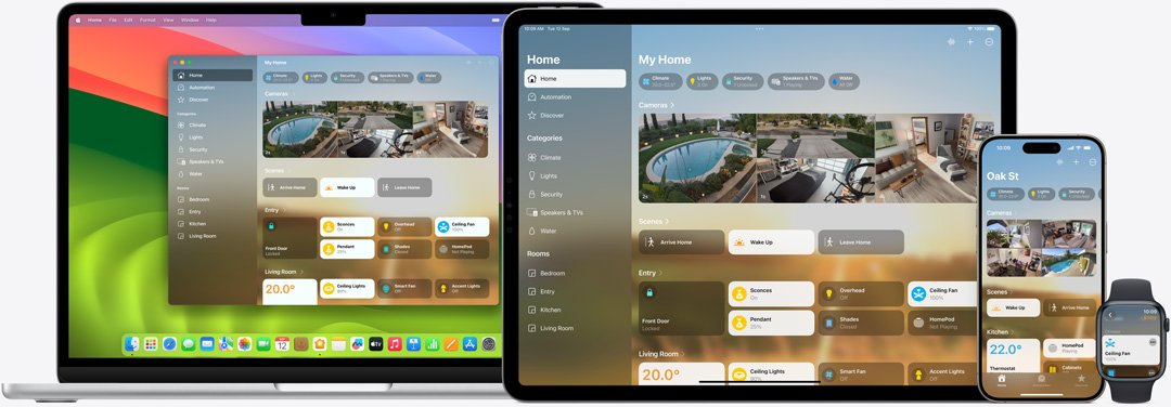 家居 app 用戶介面顯示在 Mac、iPad、iPhone 及 Apple Watch 上。