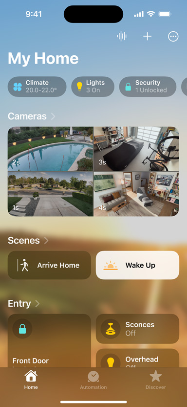 iPhone 螢幕顯示我的家、攝影機、場景及入口
