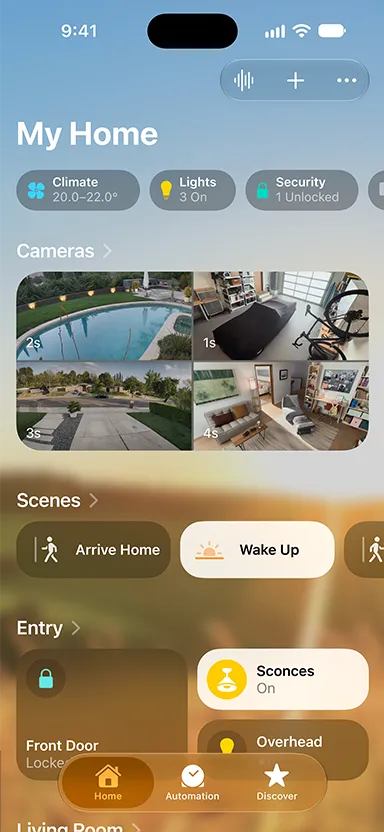iPhone 螢幕顯示 My Home、攝影機、場景及進出控制