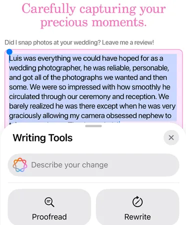 使用書寫工具功能，並展示校對、重寫、友善、專業及簡潔等選項。