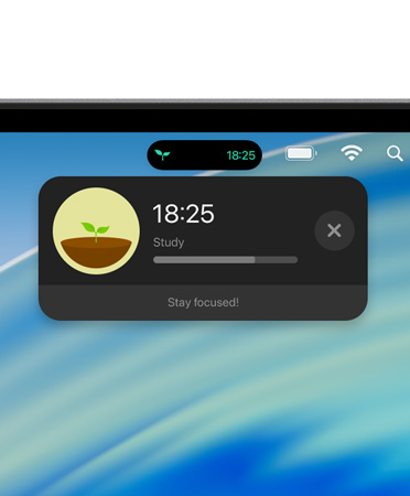 Mac 裝置螢幕頂部顯示選單列，以及已展開的 Forest 專注森林 - 讀書專注番茄鐘即時動態