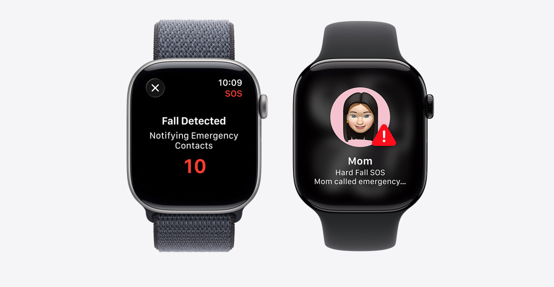 兩隻 Apple Watch Series 11，一隻裝置螢幕顯示跌倒偵測通知；另一隻裝置螢幕顯示通知：「Mom called emergency」