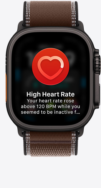 Apple Watch Ultra 4，黑色鈦金屬錶殼，配搭深泥棕色越野手環錶帶，螢幕顯示心率 app 的每分鐘心跳次數