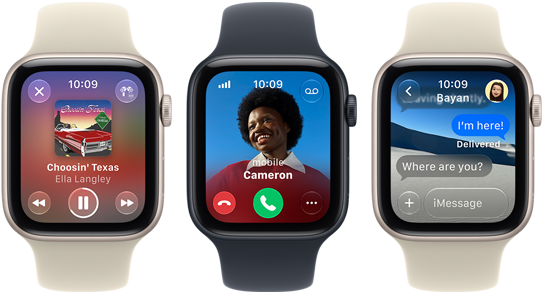 Tri uređaja Apple Watch SE 3 jedan uz drugi; jedan prikazuje aplikaciju Apple Music, drugi dolazni telefonski poziv, a treći razgovor u Porukama