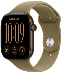 Apple Watch Series 12, aluminijsko kućište, tamna brončana boja, desna bočna strana, kotačić Digital Crown, mikrofon, bočna tipka, povezan sa sportskim remenom u maslinastoj boji (zemljanozelena), kopča s jezičcem (srebrna kopča)