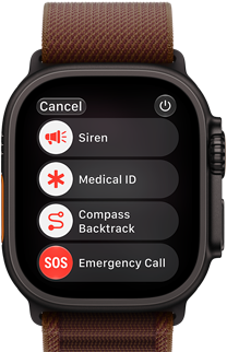Apple Watch Ultra 4, kućište od titanija, crna boja, satelitska veza, desna bočna strana, Digital Crown, izdignuta bočna tipka, narukvica Alpine, bordo boja