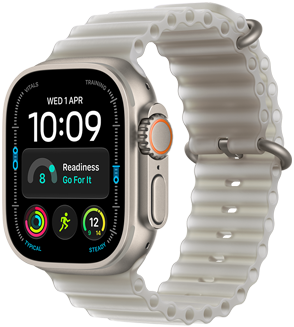 Apple Watch Ultra 4, kućište od titanija, prirodna boja, modularni brojčanik, dodaci: dan i datum, spremnost, puls, trening trčanje, vrijeme, desna bočna strana, Digital Crown, izdignuta bočna tipka, remen Ocean, prozirna siva boja