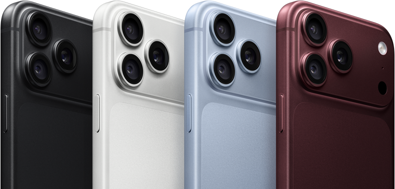 Uređaji iPhone 18 Pro u nizu, stražnja strana, sve četiri boje: crna, boja glečera, srebrna, bordo boja, sustav kamera Pro Fusion u gornjem lijevom kutu, 3 objektiva, mikrofon, bljeskalica