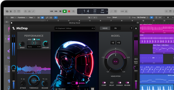 Sadržaj na zaslonu prikazuje softver MicDrop koji koristi AI značajke za uređivanje vokalne snimke na MacBooku Pro