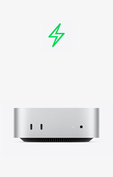 Zöld villám ikon, Mac mini elölnézetből, két USB‑C port, állapotjelző fény